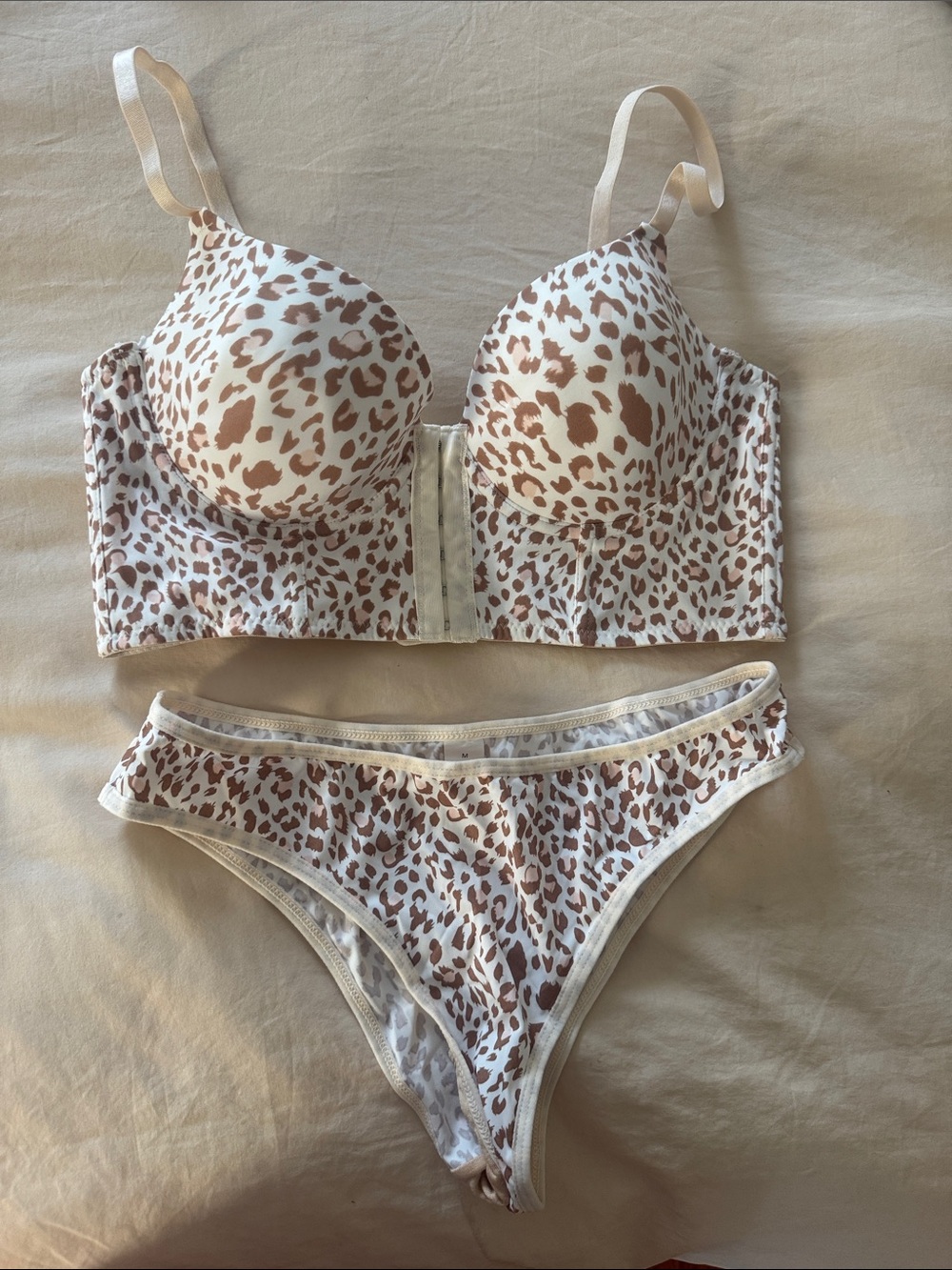 SHEIN Cream and Brown Leopard Front-Close Bra & Bikini Set